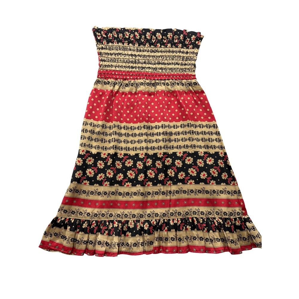 Voom By Joy‎ Han Dress Womens Small Silk Smocked Strapless Floral Boho USA